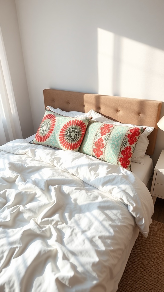 A cozy bedroom with a neatly made bed, featuring a white duvet and colorful decorative pillows.