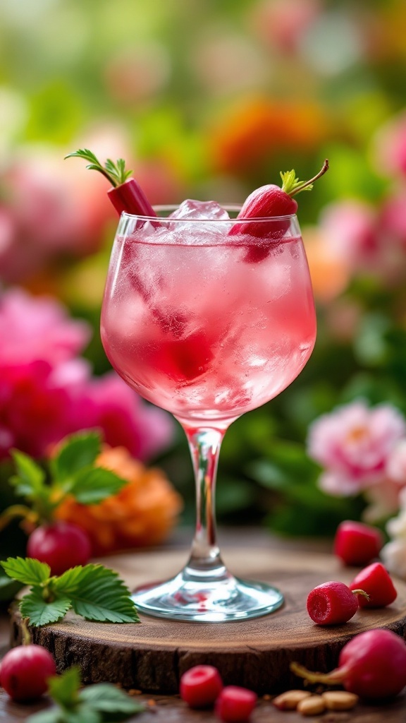 A refreshing Rhubarb Gin Sour cocktail in a glass, garnished with rhubarb stalks.