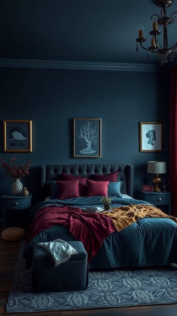 A cozy dark bedroom featuring navy blue walls, burgundy and mustard bedding, framed art, and rich textures.
