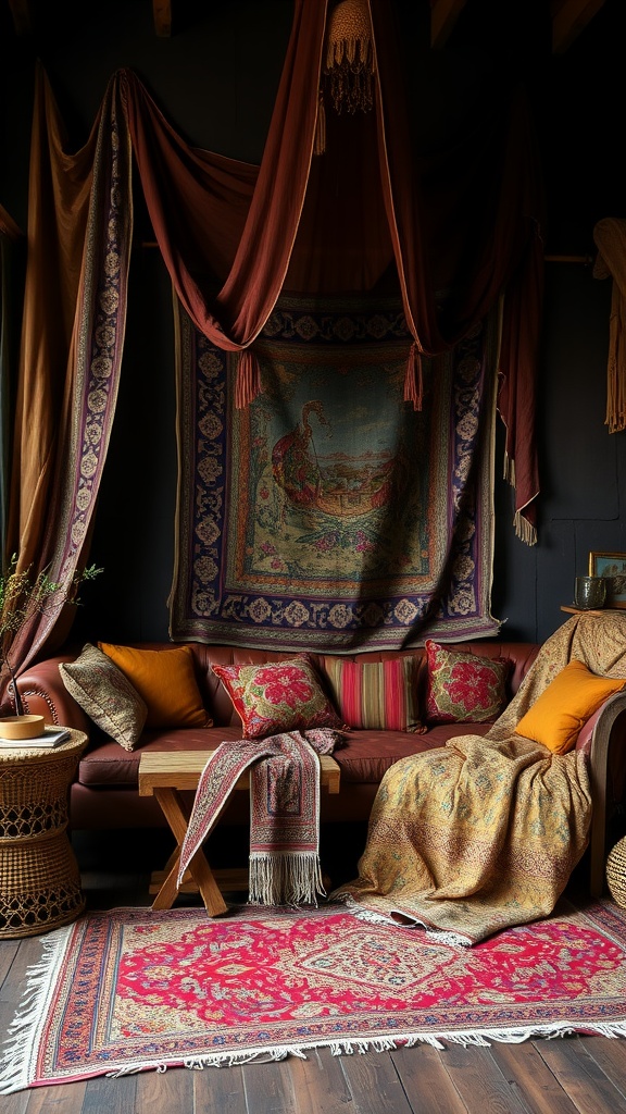 A cozy goth boho bedroom featuring rich tapestries and textured fabrics, showcasing a warm color palette and intricate designs.
