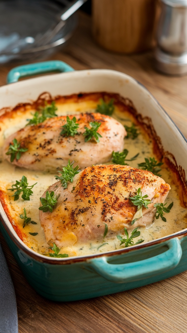 A delicious keto chicken bake with creamy sauce, garnished with fresh herbs.