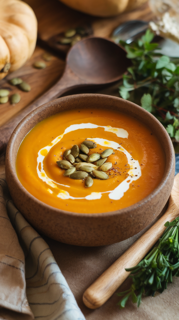 Delicious roasted butternut squash soup topped with pumpkin seeds