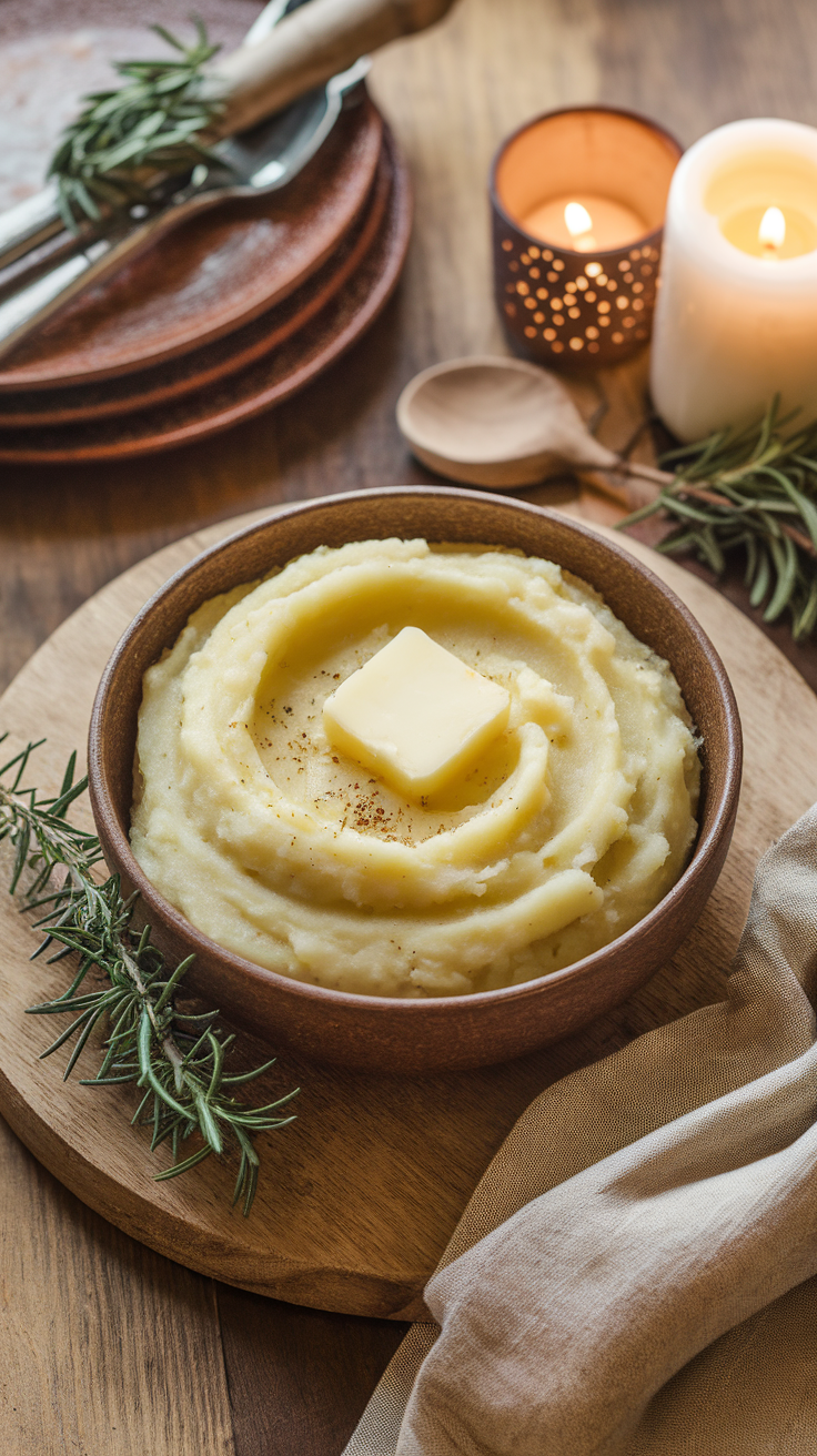 Delicious bowl of roasted garlic mashed potatoes topped with butter.