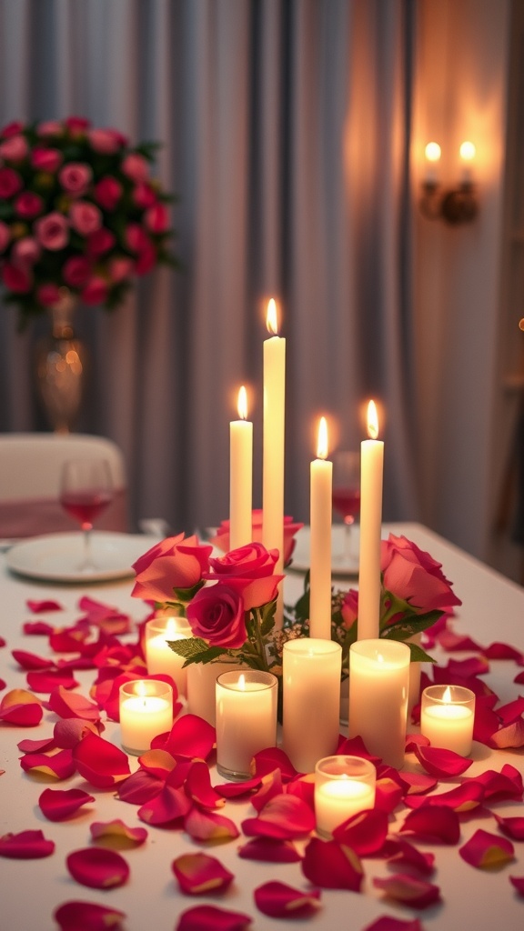 A romantic candle centerpiece with candles and rose petals on a table.