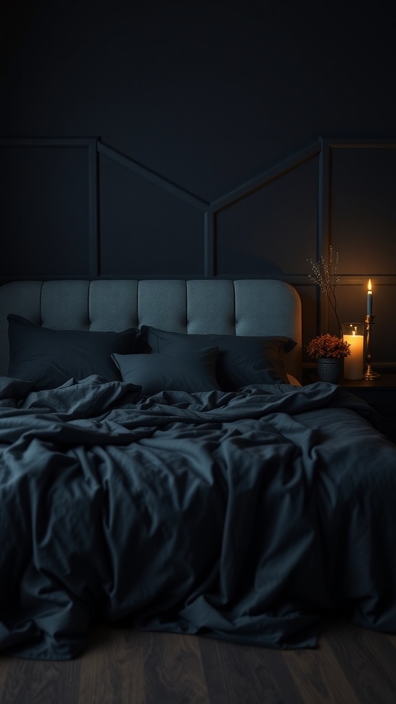 A cozy bed with charcoal bedding, complemented by candles and soft textures.