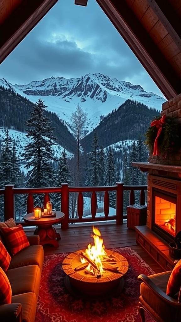 Cozy cabin with a fireplace and snowy mountain view