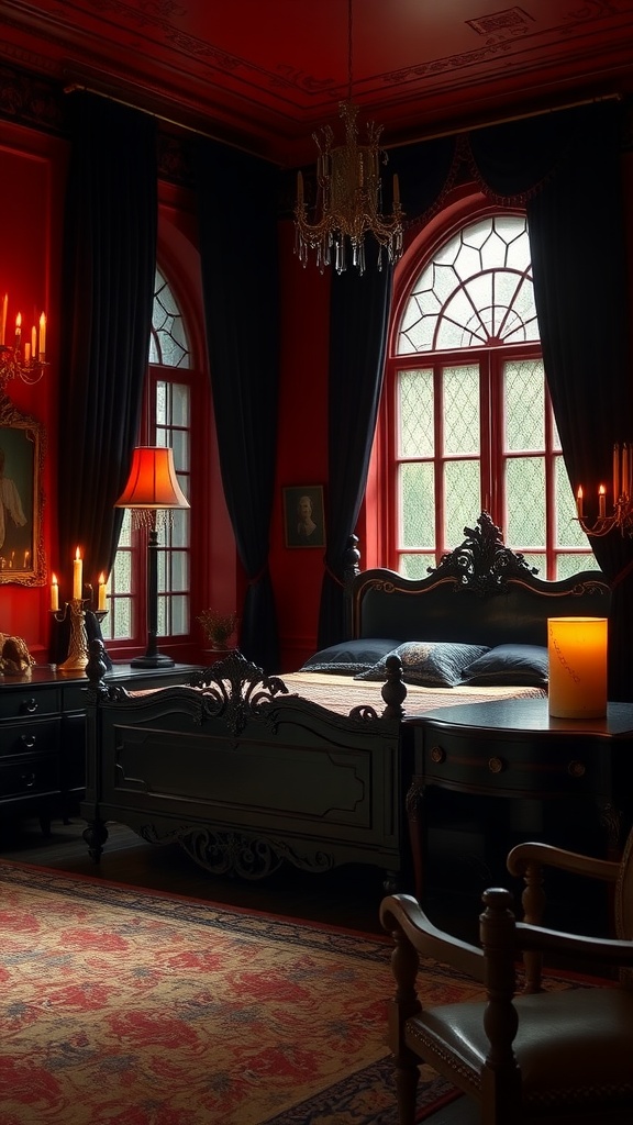 A gothic style bedroom featuring red walls, black furniture, and soft lighting.