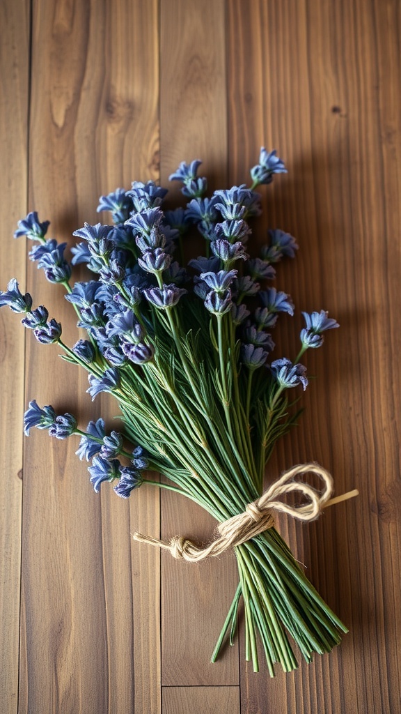 A romantic bouquet of lavender and rosemary tied with twine on a wooden surface.