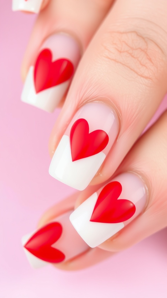 Nail art featuring romantic red heart tips with a nude base.