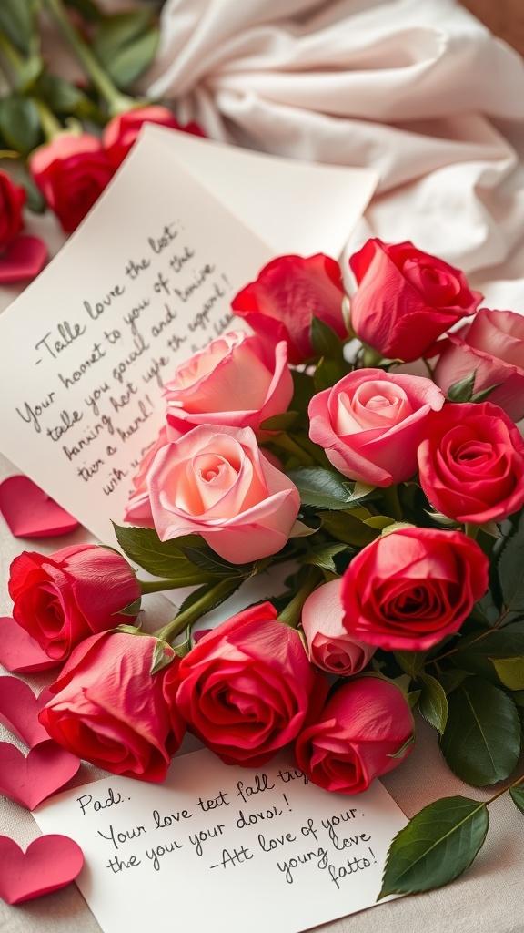 An arrangement of pink roses with handwritten love notes.