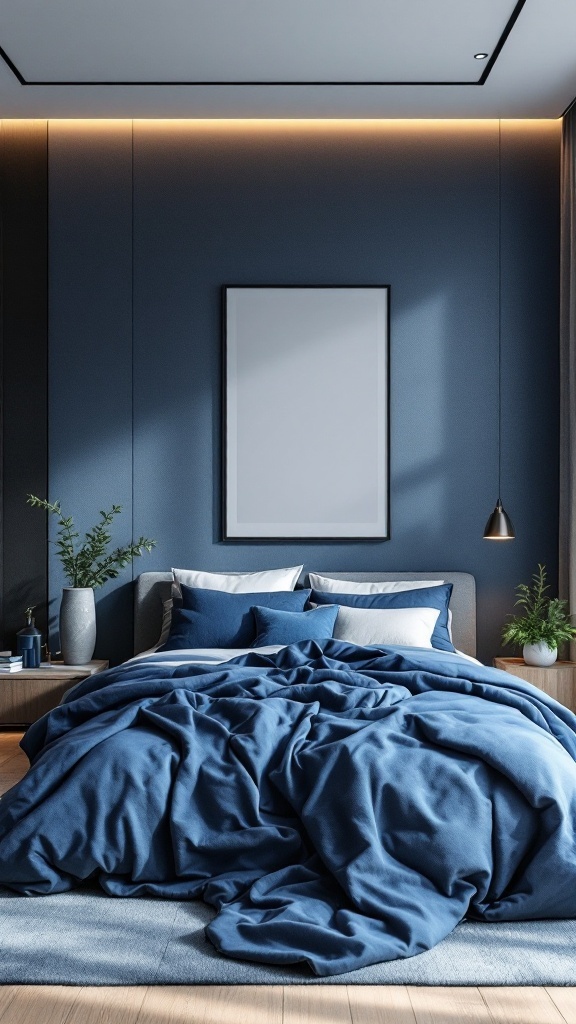 A minimalist bedroom featuring royal blue walls, soft blue bedding, and plants, creating a tranquil atmosphere.