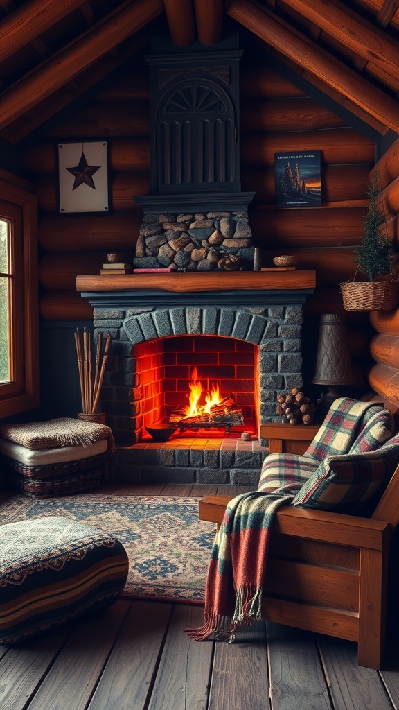 Cozy rustic cabin corner featuring a stone fireplace, wooden furniture, and warm decor.