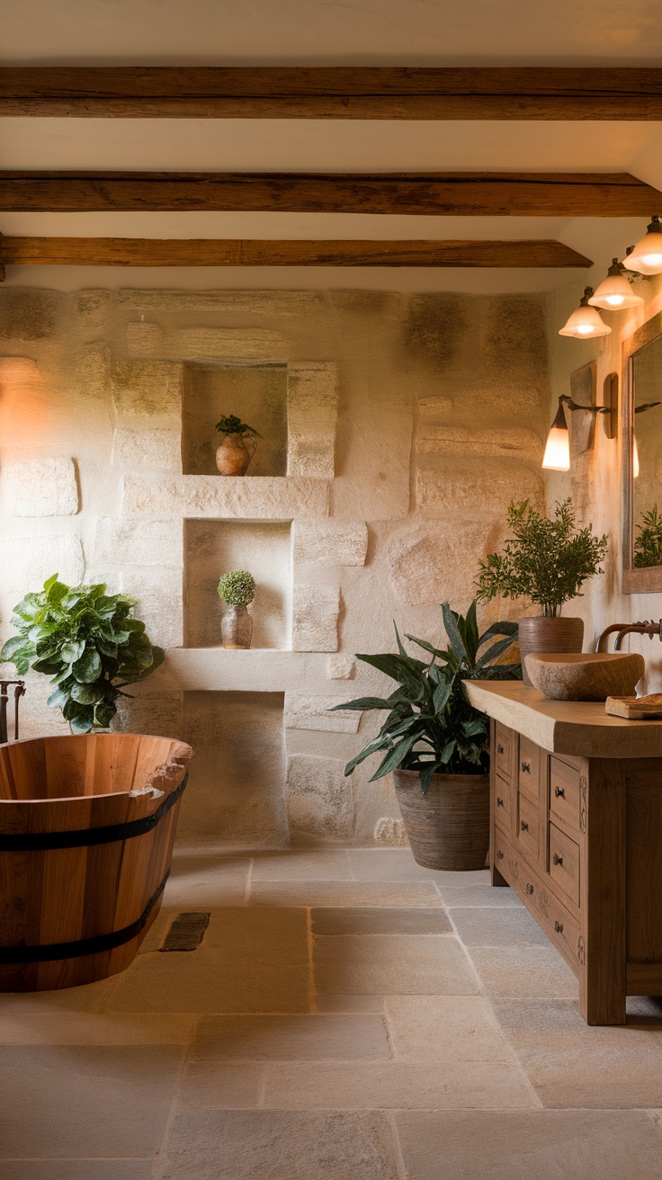 A rustic bathroom featuring a wooden bathtub, stone walls, and potted plants.