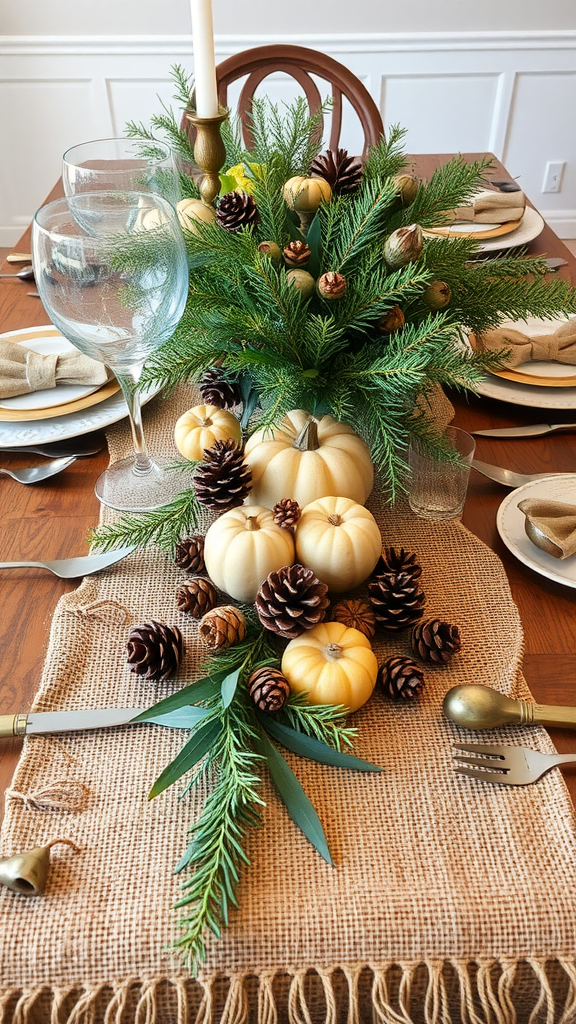 A rustic thanksgiving tablescape featuring mini pumpkins, pinecones, and greenery on a burlap runner.