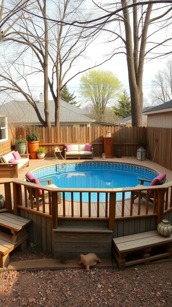 Rustic deck with reclaimed wood features surrounding an above ground pool, complete with seating and potted plants.