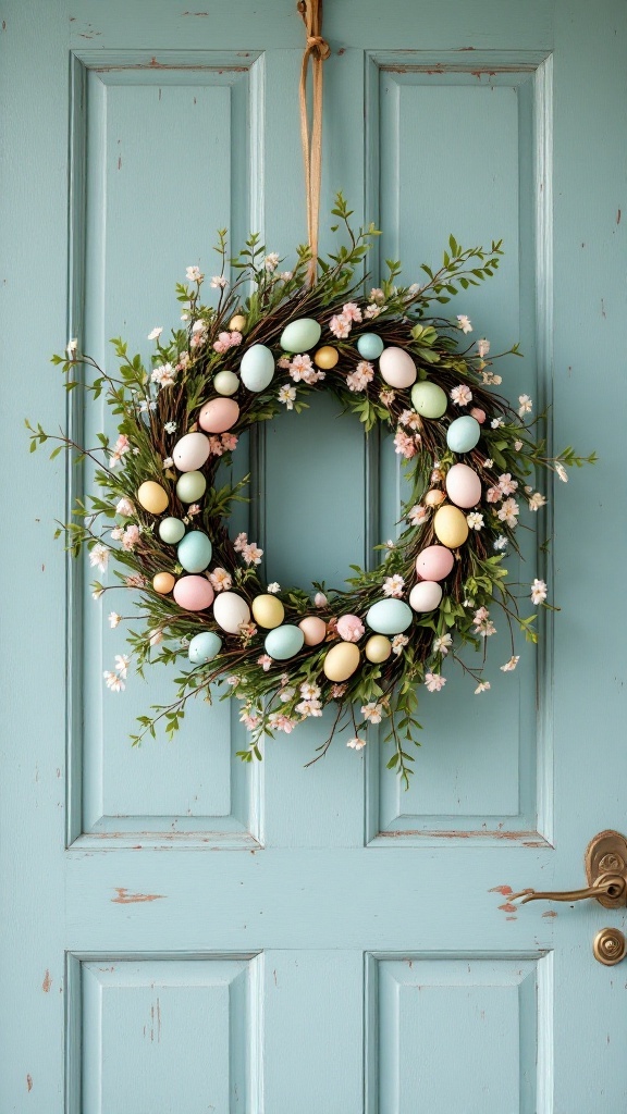 A rustic Easter egg wreath with pastel eggs and flowers, hanging on a blue door.