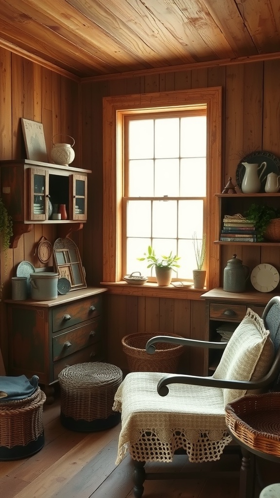 A rustic farmhouse corner with wooden walls and vintage decor, featuring a cozy chair and potted plants.