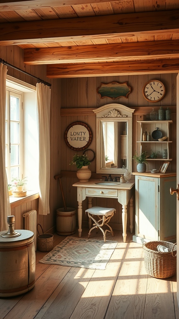 A rustic dressing room with wooden beams, a vintage mirror, and warm sunlight.