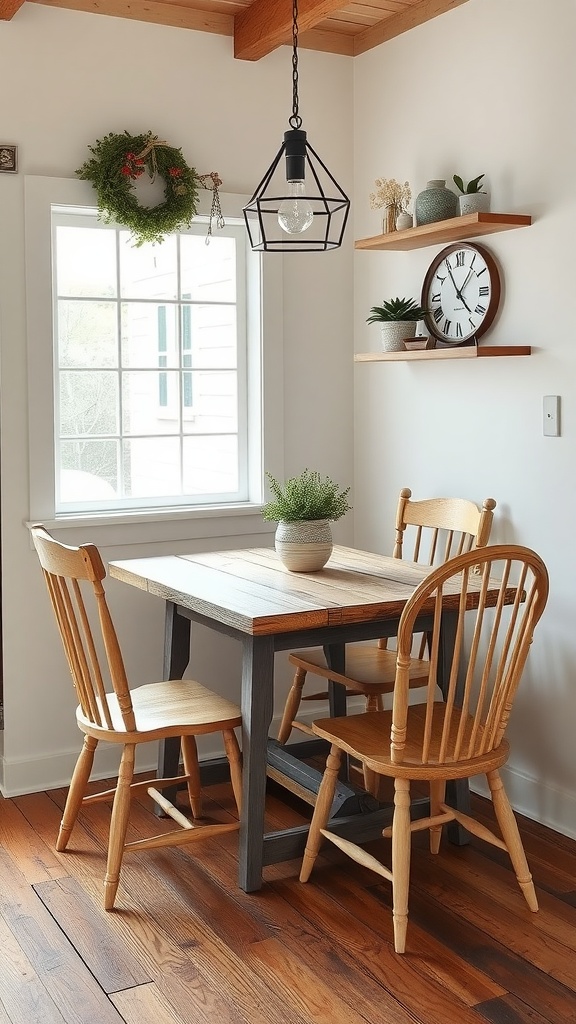 A rustic dining nook with a wooden table and chairs, featuring plants and wall decor.