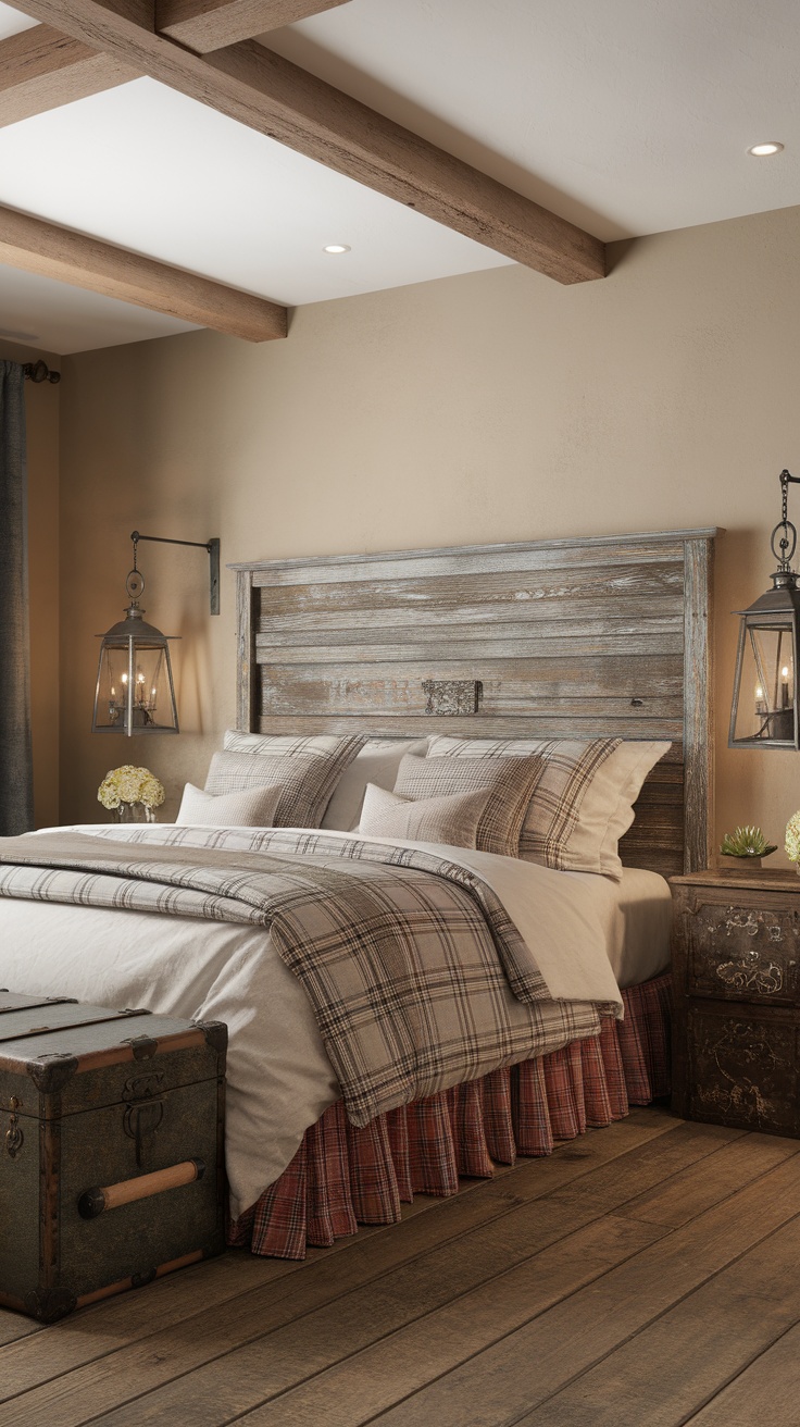 A modern rustic bedroom with wooden beams, a reclaimed wood headboard, plaid bedding, and vintage decor.