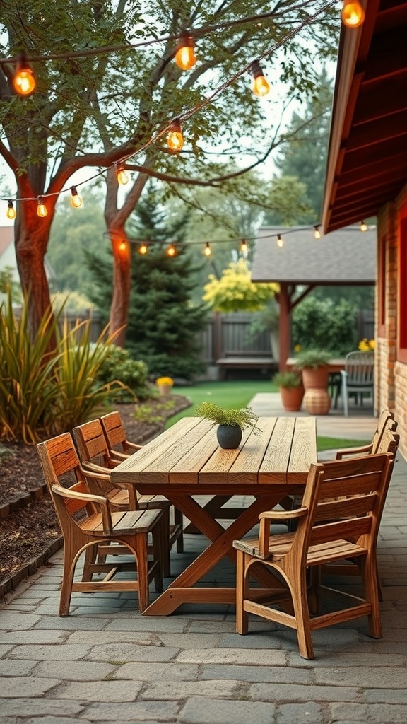 Rustic outdoor dining area with wooden table and chairs, illuminated by string lights