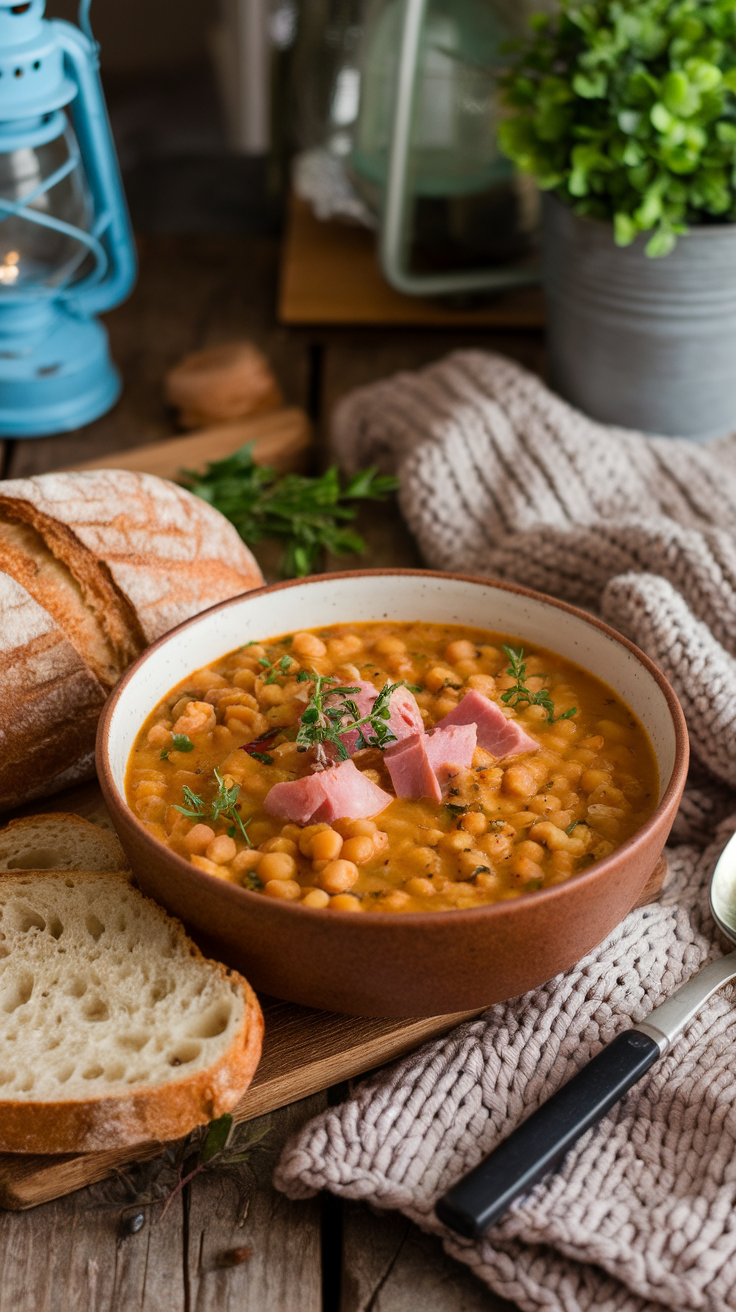 A bowl of rustic split pea soup with ham, served with slices of bread.