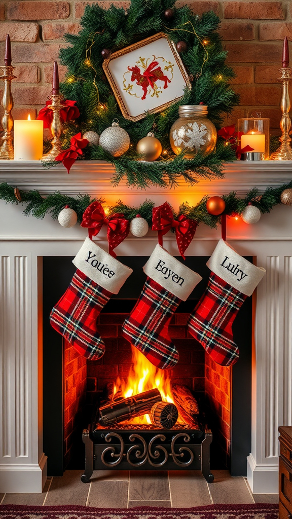 A beautifully decorated fireplace with three plaid Christmas stockings hanging, surrounded by candles and festive decor.