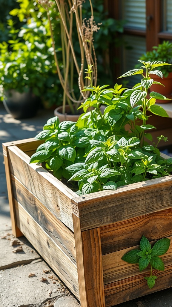 A rustic wooden planter filled with lush green herbs in a sunny outdoor setting.