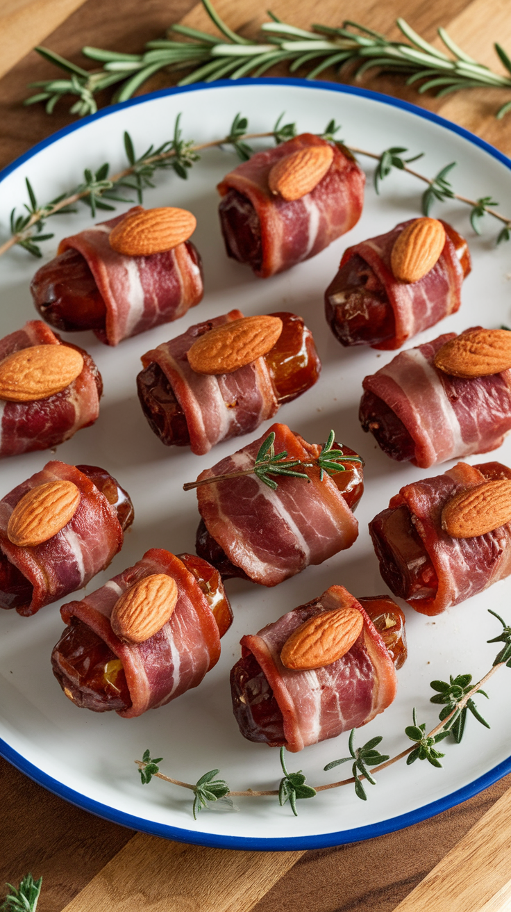 A plate of bacon-wrapped dates with almonds, garnished with fresh herbs.