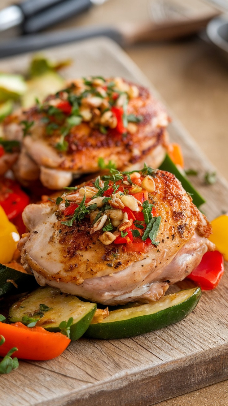 Savory keto chicken thighs topped with herbs and garlic, served with colorful bell peppers.