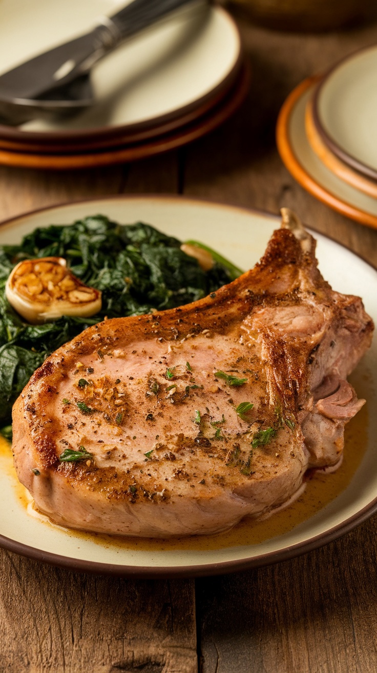 Deliciously cooked pork chop with sautéed greens on a plate