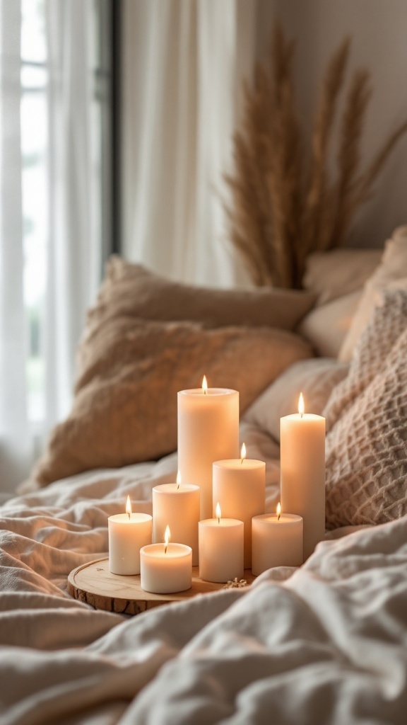 A cozy candle corner with lit candles on a tray, surrounded by soft pillows and blankets