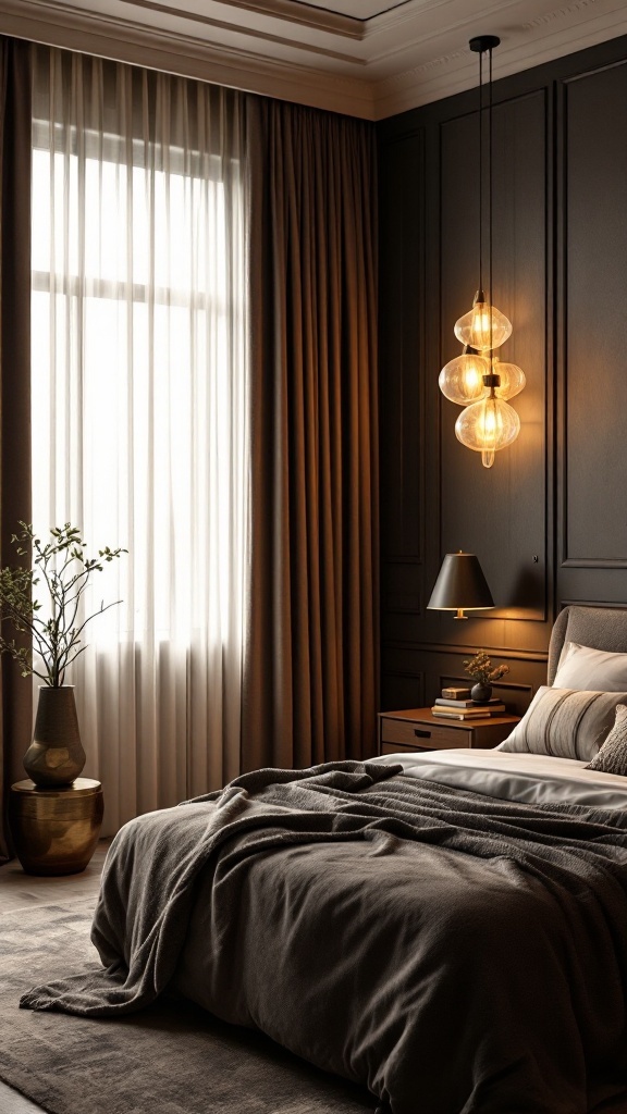 A luxury bedroom showcasing sculptural lighting fixtures with glass orbs and dark wall colors.