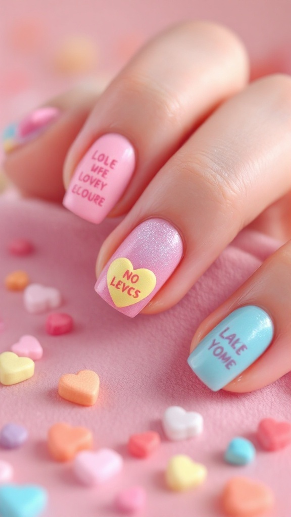 Colorful candy hearts on a pink background.