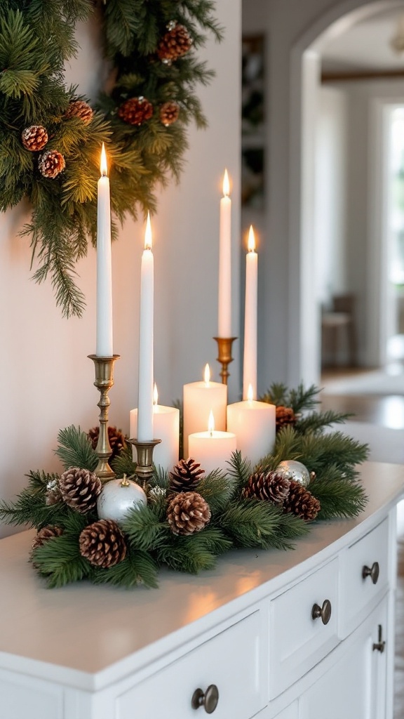 A beautifully arranged seasonal centerpiece featuring candles and pinecones on a white console table.