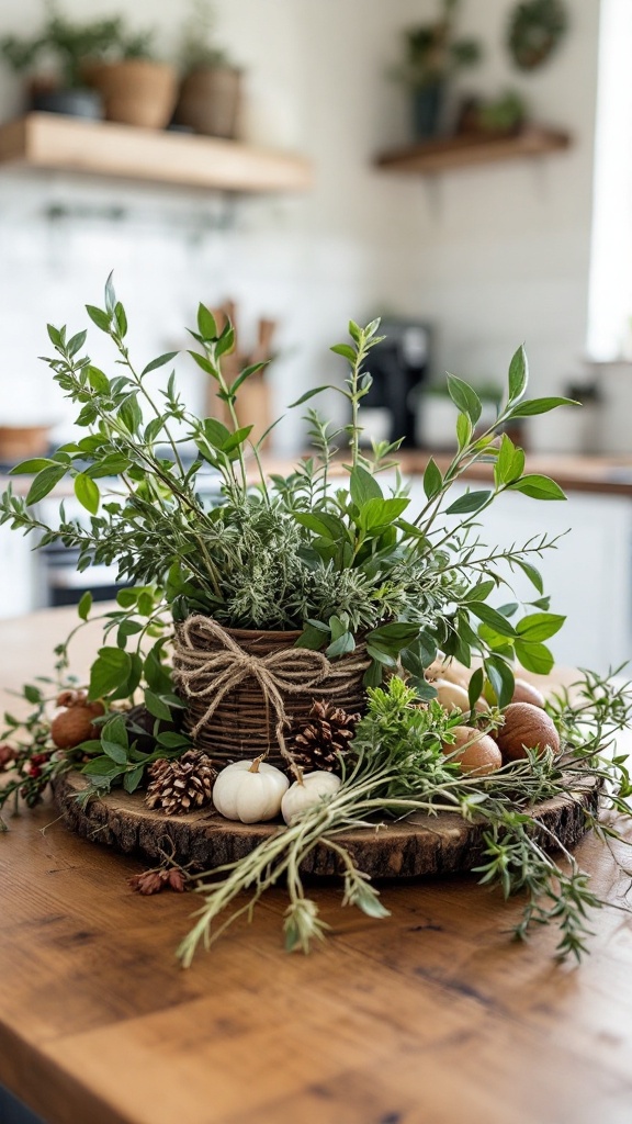 A rustic centerpiece featuring fresh herbs, pine cones, and small pumpkins on a wooden table.