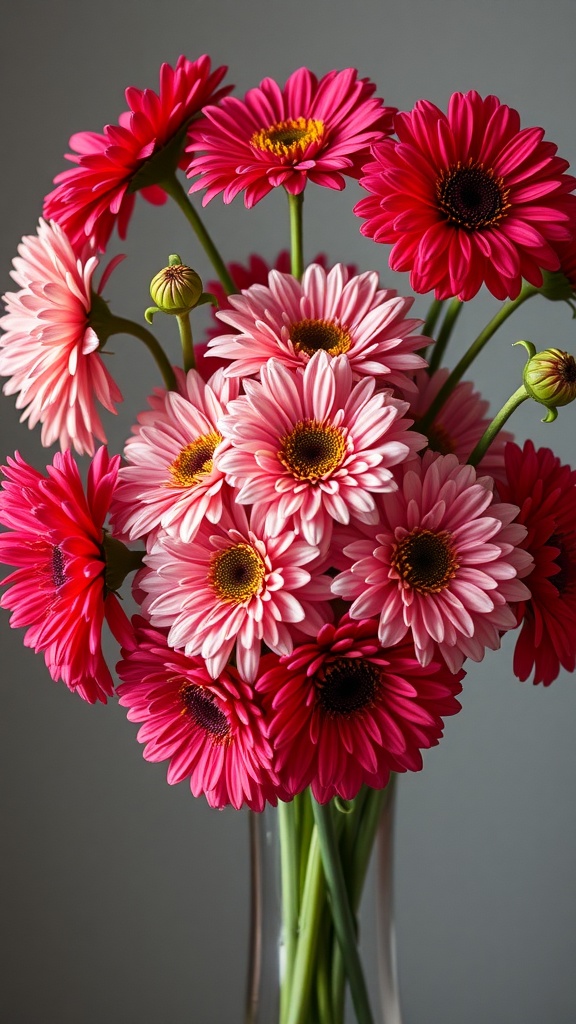 A bouquet of pink and red chrysanthemums in a vase.