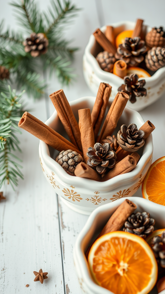 Bowls filled with cinnamon sticks, pinecones, and orange slices surrounded by pine branches.