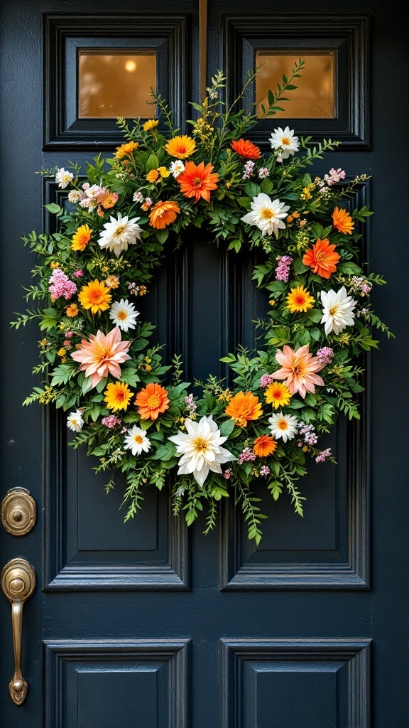 A colorful spring wreath adorned with flowers in shades of orange, pink, and white, hanging on a dark blue door.