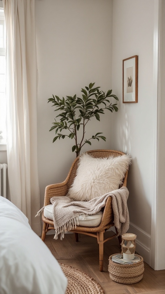 Cozy seating nook with a rattan chair, soft pillows, throw blanket, and a small plant.