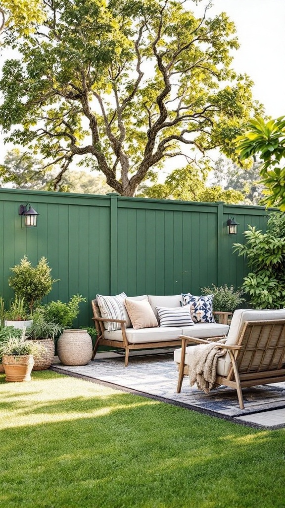 A serene backyard featuring green board fencing, cozy seating, and lush plants.