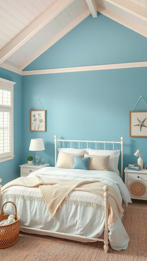 A serene bedroom featuring blue walls, white bedding, and coastal decor.