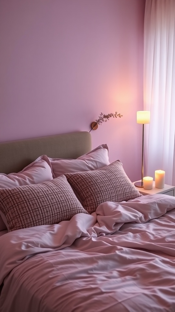 A serene bedroom with lavender walls, cozy bedding, and warm lighting.