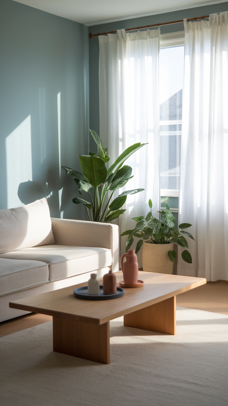 A serene indoor space featuring a light-colored sofa, a wooden coffee table, and various indoor plants.