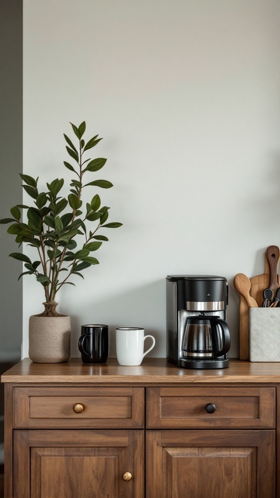 A compact coffee station featuring a coffee maker, two cups, and a small potted plant on a wooden surface.