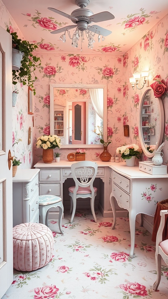 A vintage-style dressing room with floral wallpaper, white furniture, and soft pastel colors.