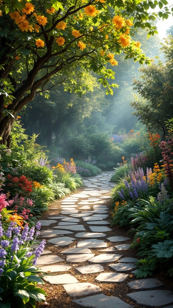 A winding stone path through a lush garden filled with colorful flowers and trees, creating a serene shade garden.