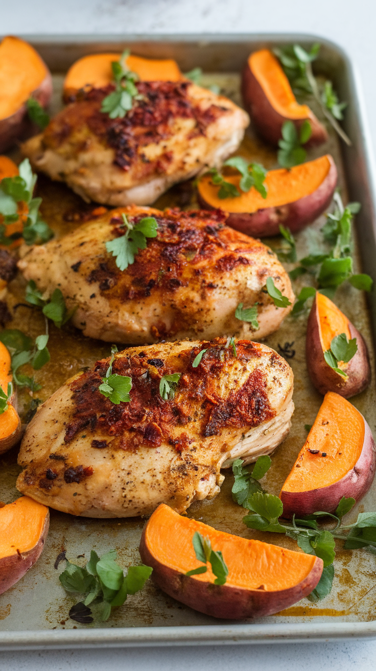 Sheet-pan harissa chicken with sweet potatoes and herbs