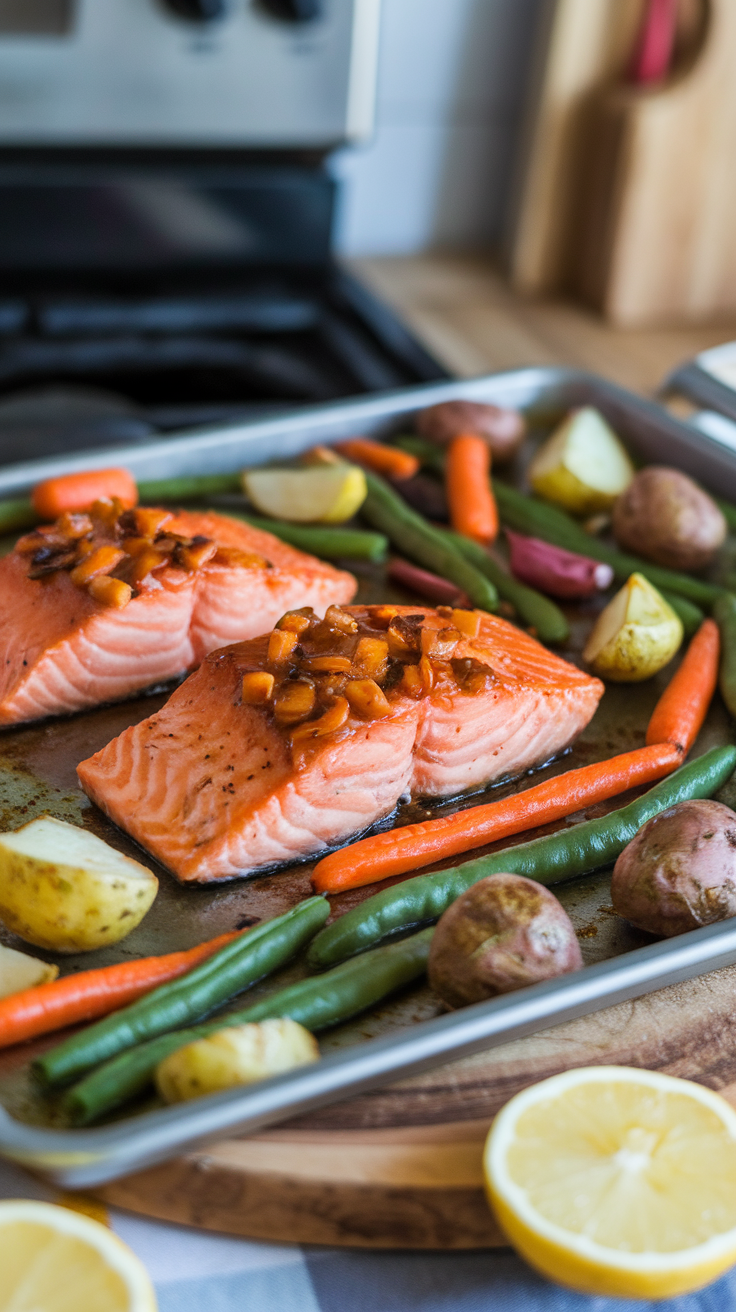 Sheet pan with teriyaki salmon and mixed vegetables