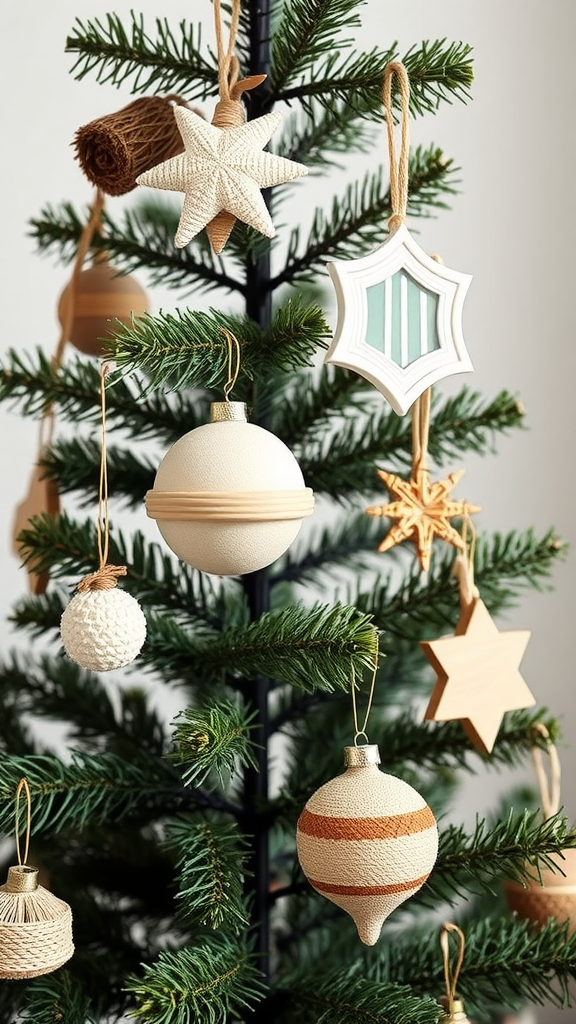 A close-up of a decorated Christmas tree with minimalist ornaments including stars, baubles, and wooden shapes.